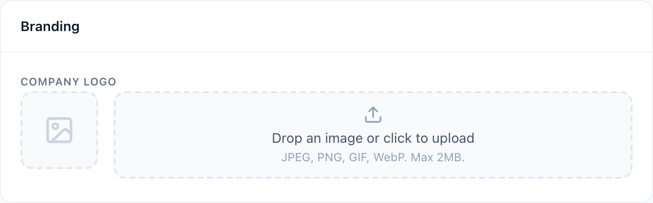 Branding card with Company Logo upload area showing 