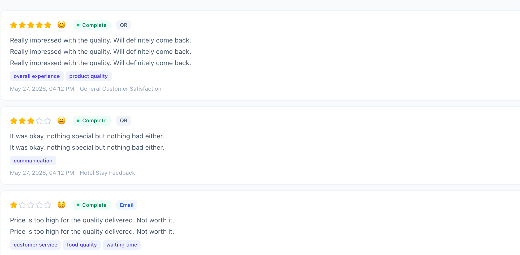 Feedback feed page with three feedback entries showing detailed star ratings, emoji indicators, status, source, comments, topic badges