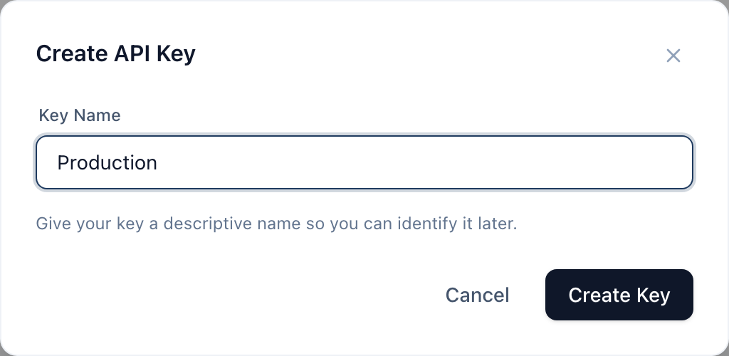 Create API Key modal with a Key Name input filled with 