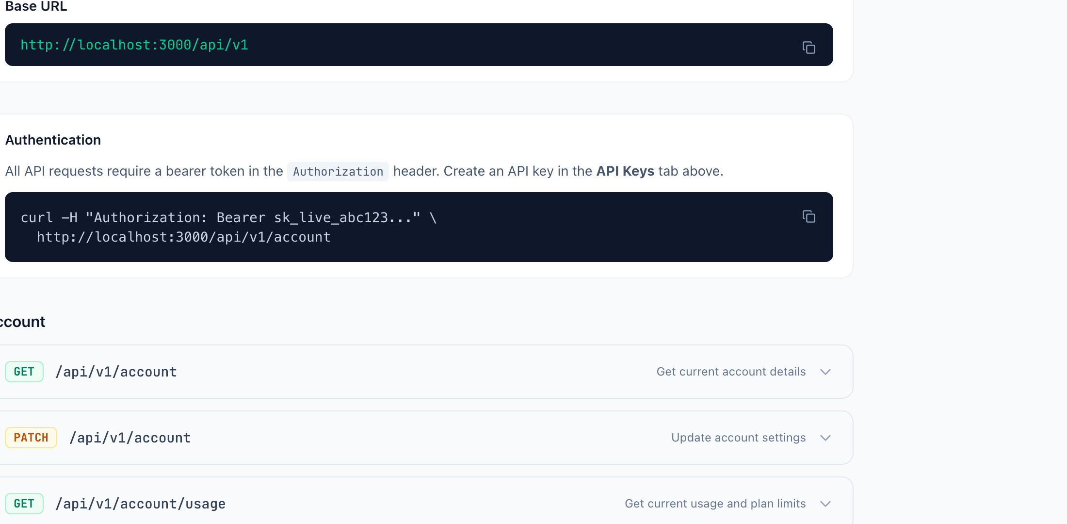 API Documentation tab listing endpoints under headings like Surveys, Feedback, Analytics, with HTTP methods and paths