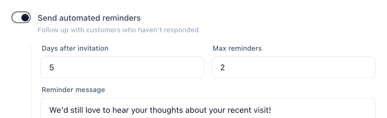 Send automated reminders toggle with Days after invitation, Max reminders, and Reminder message fields
