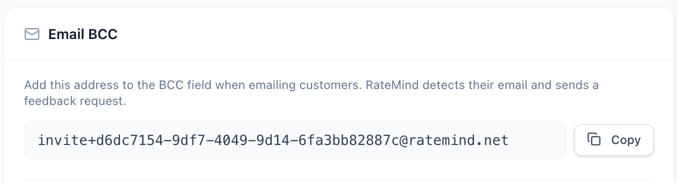 Email BCC card with the unique invitation+...@ratemind.net address and a Copy button
