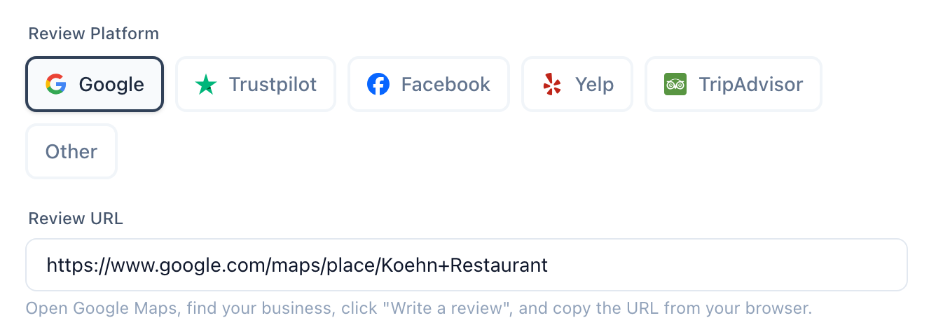 Review Platform picker with Google selected and the Review URL field below