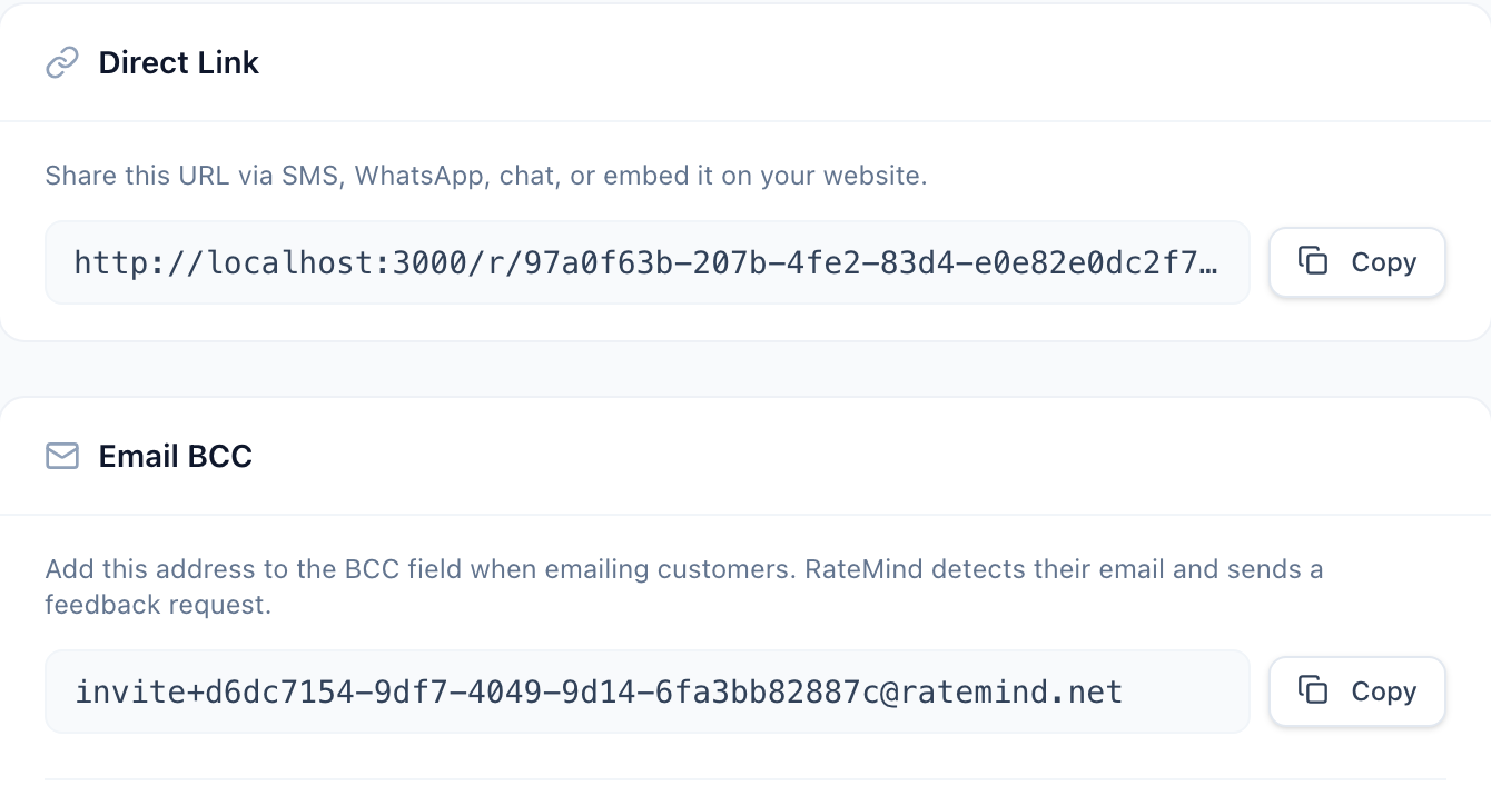 Direct Link and Email BCC sections on the Share & Collect tab