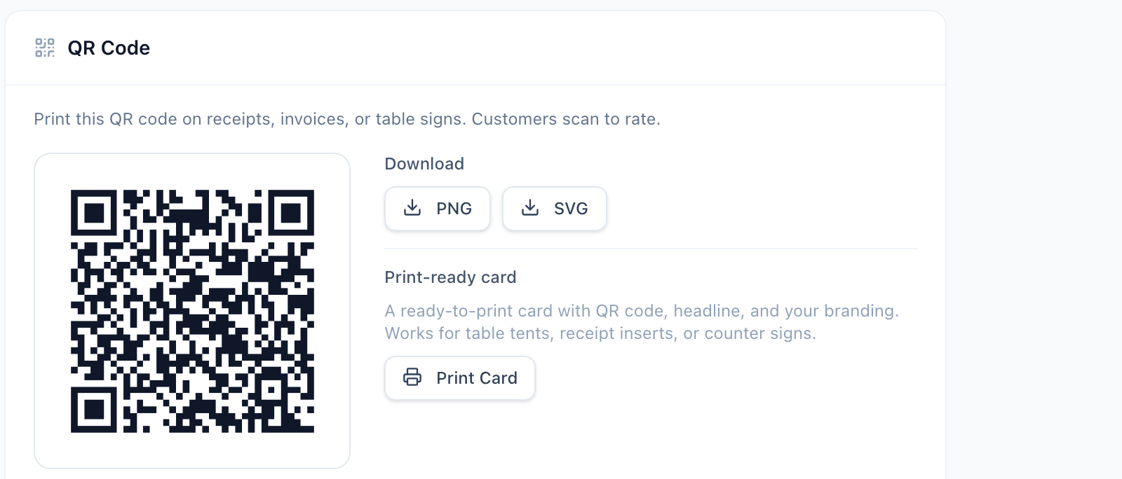 QR Code section with the generated QR image, PNG and SVG download buttons, and Print Card button