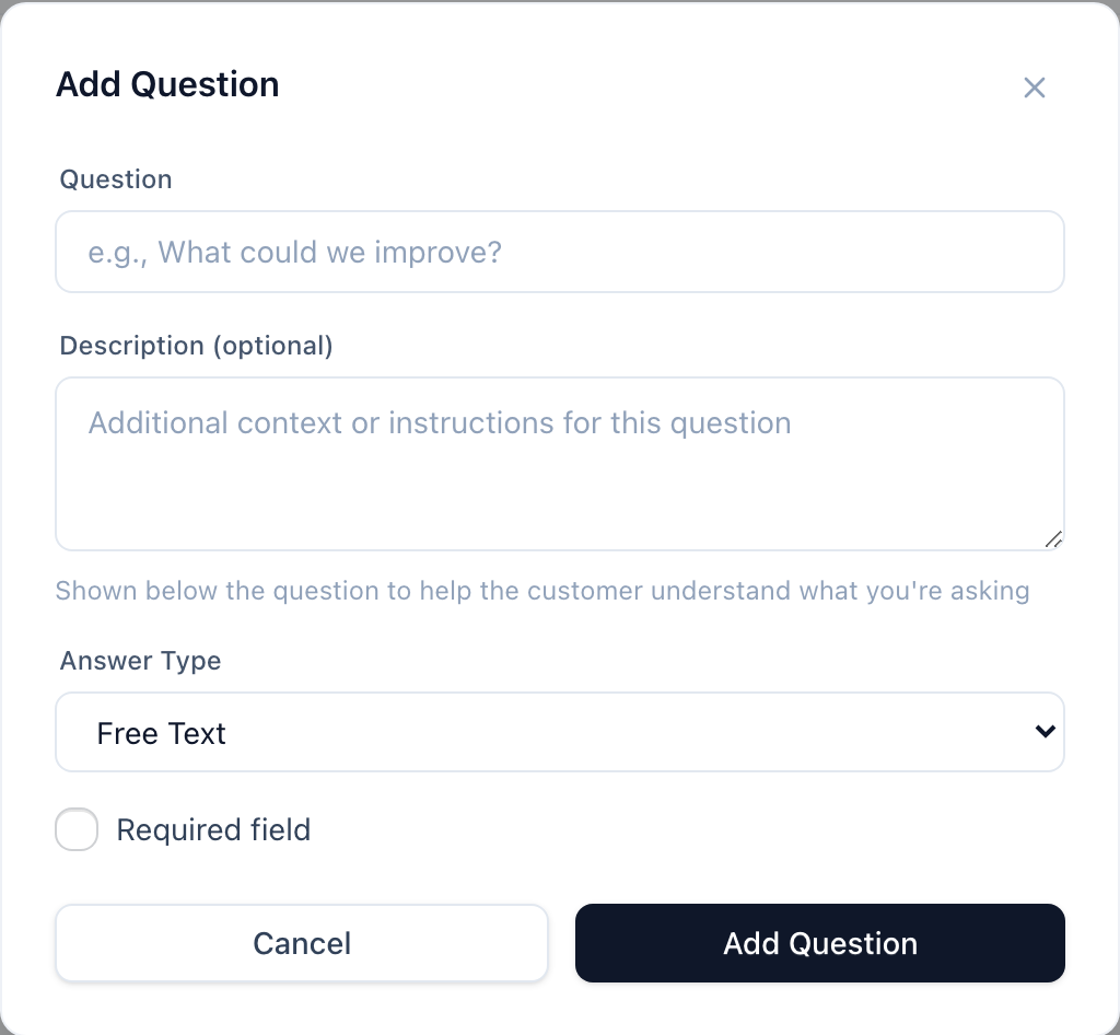 Add Question modal with Question, Description, Answer Type, and Required field controls