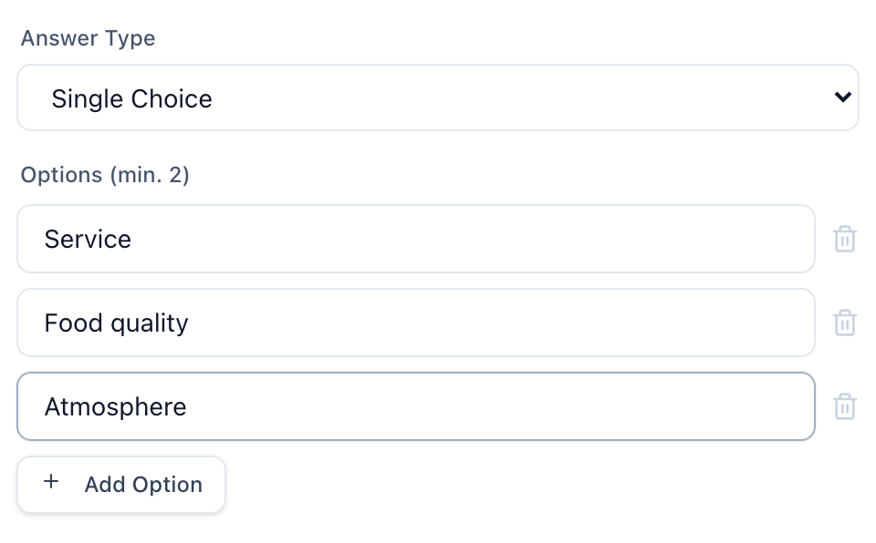 Options editor with Service, Food quality, Atmosphere filled in