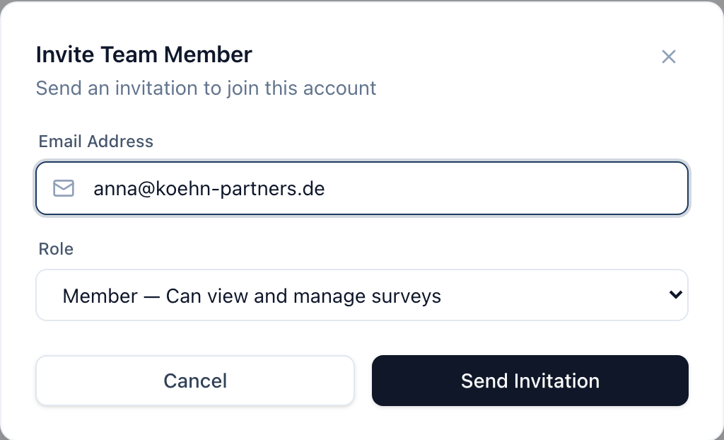 Invite Team Member modal with Email Address field filled in and Role set to Member