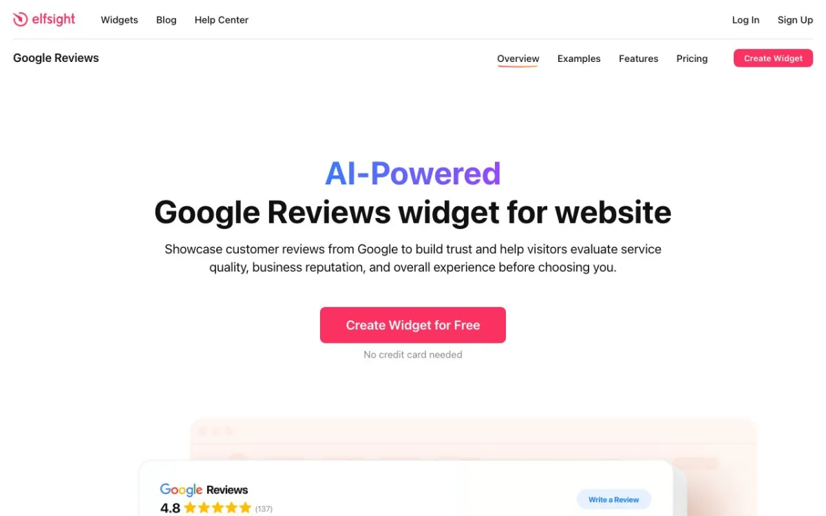 Elfsight Google Reviews widget homepage