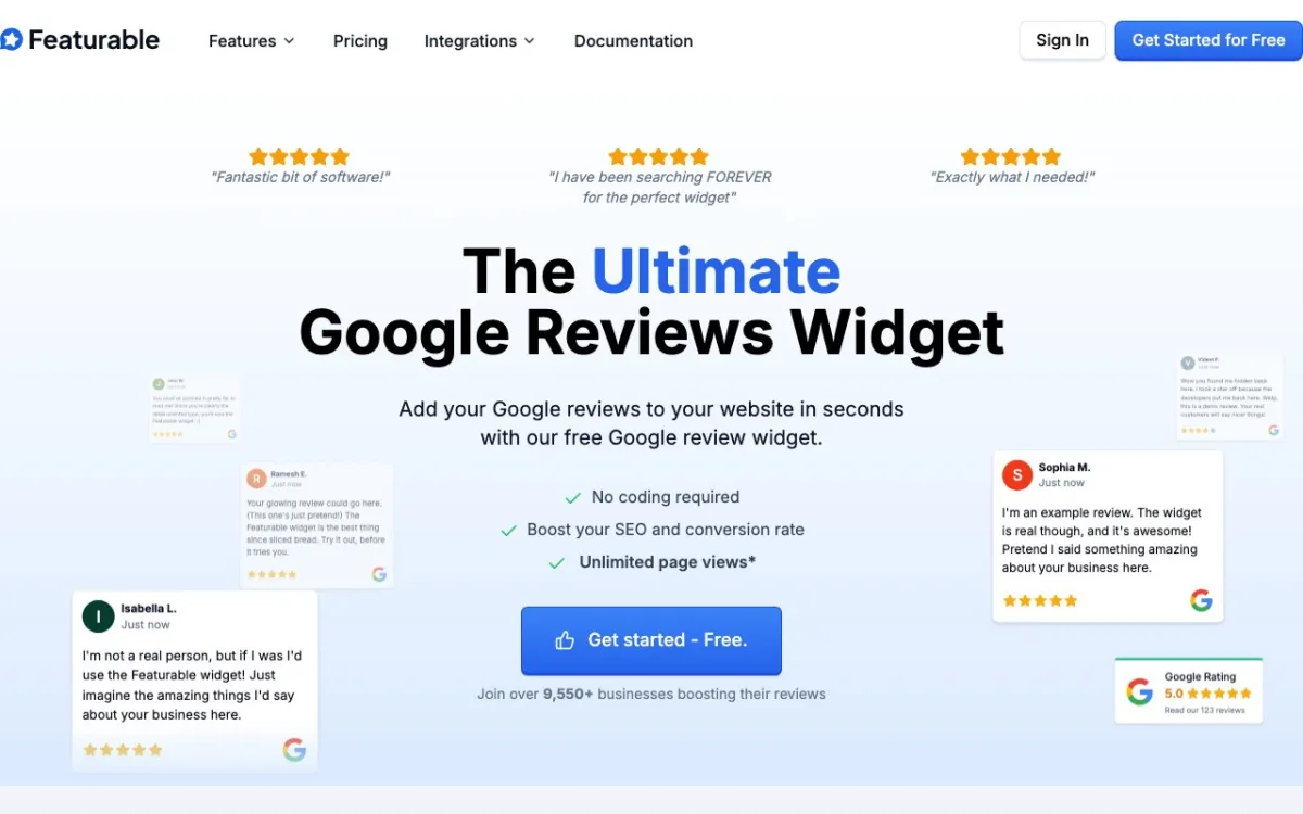 Featurable Google Reviews widget homepage